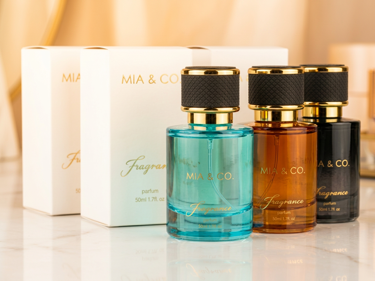 Luxury perfume bottle on cream marble